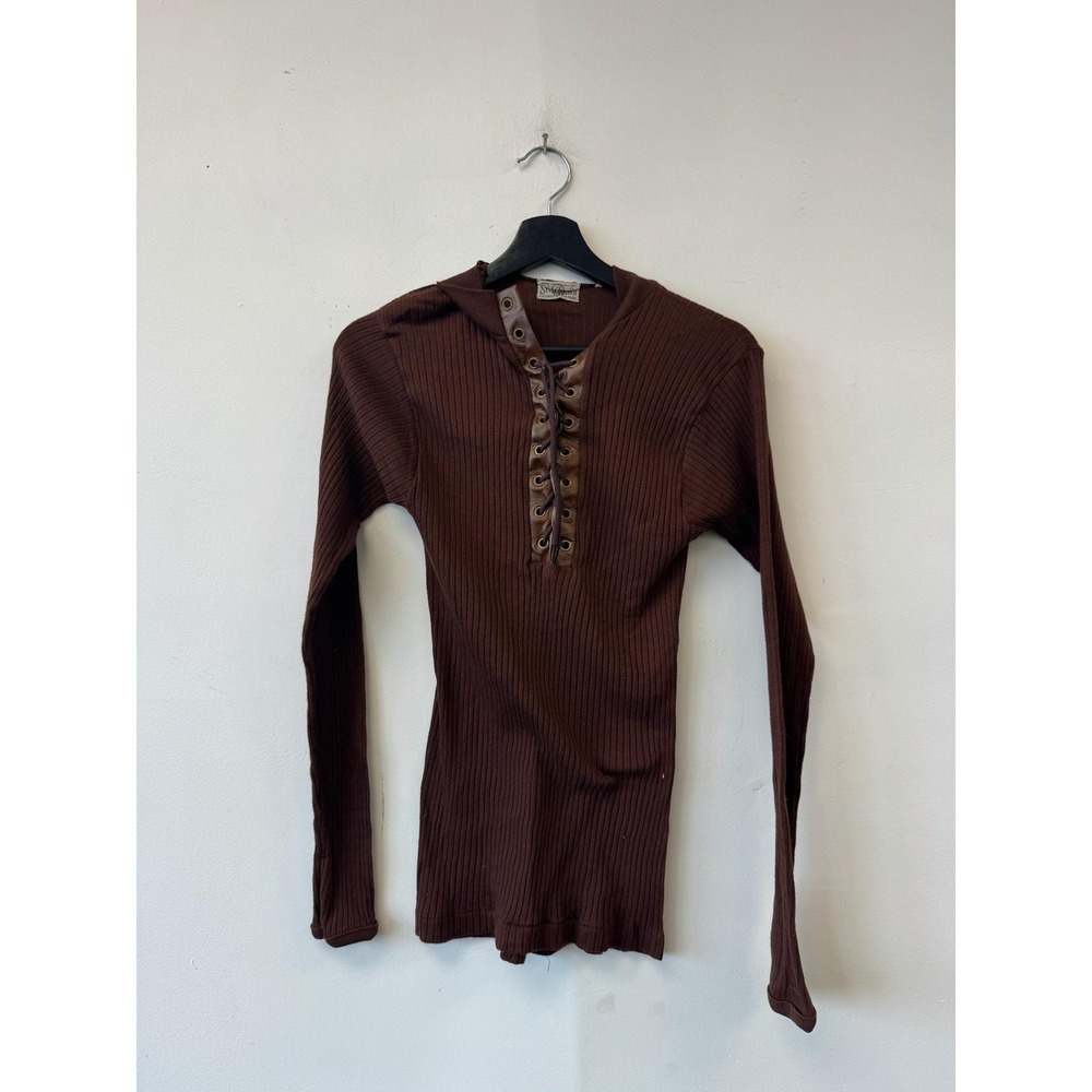 Vintage Style Center Sweater Womens XS Brown Lace Up Henley Ribbed Knit 60s‎
